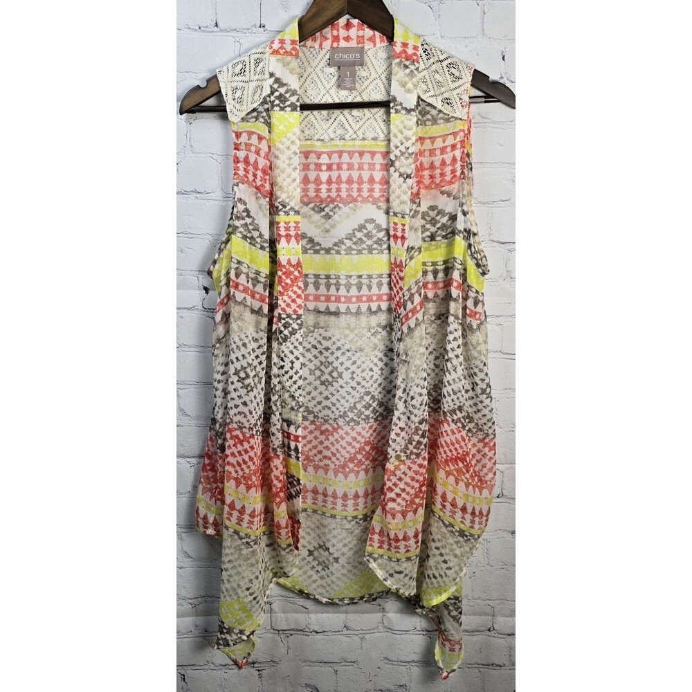 Chico's Chiffon Cardigan Sheer Macrame Crochet Sleeveless Women's Size 1/Med